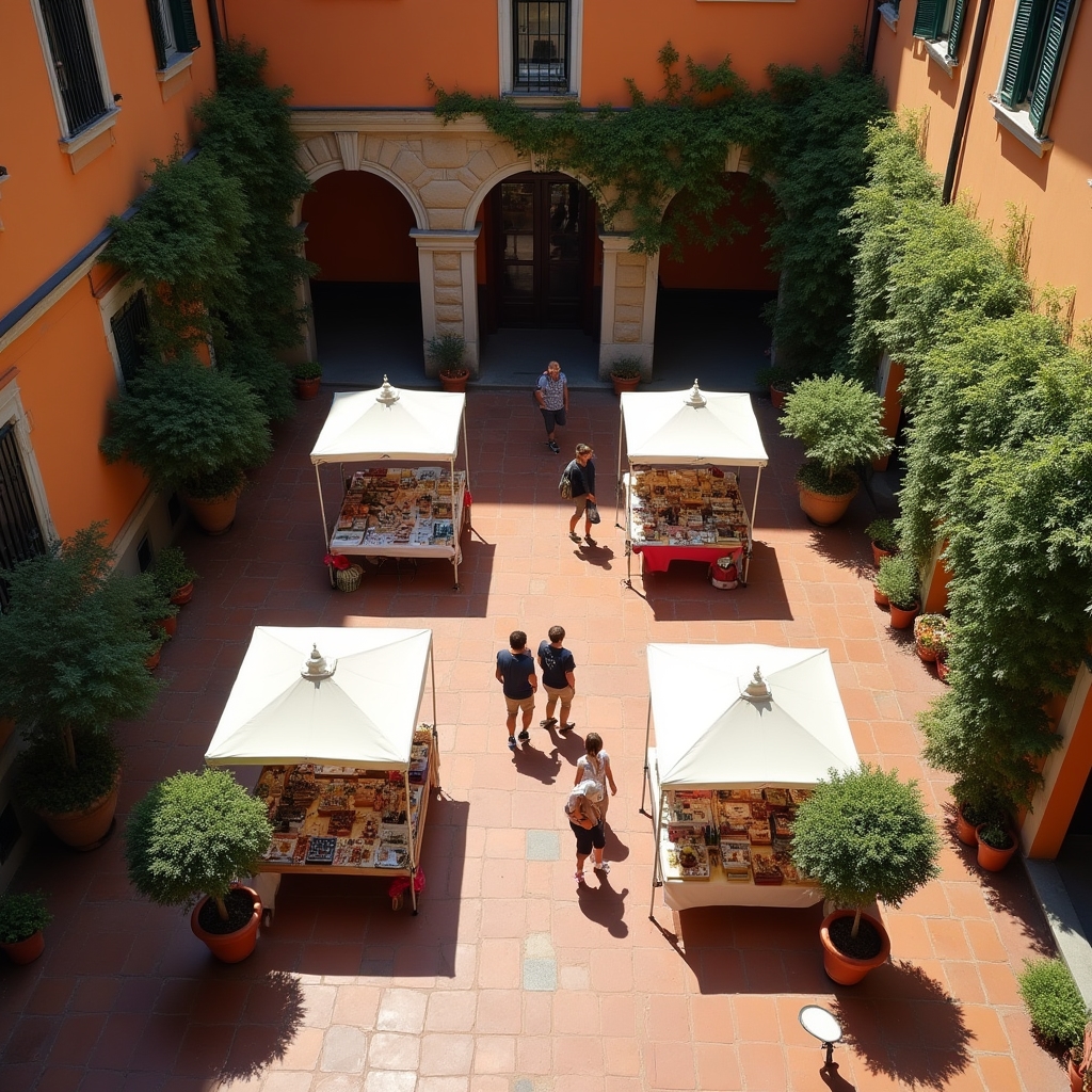 Cortile condominiale allestito per un mercatino dell'usato con banchi e gazebo