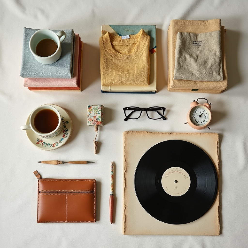 Selezione di oggetti usati pronti per essere esposti al mercatino: libri, vestiti, ceramiche