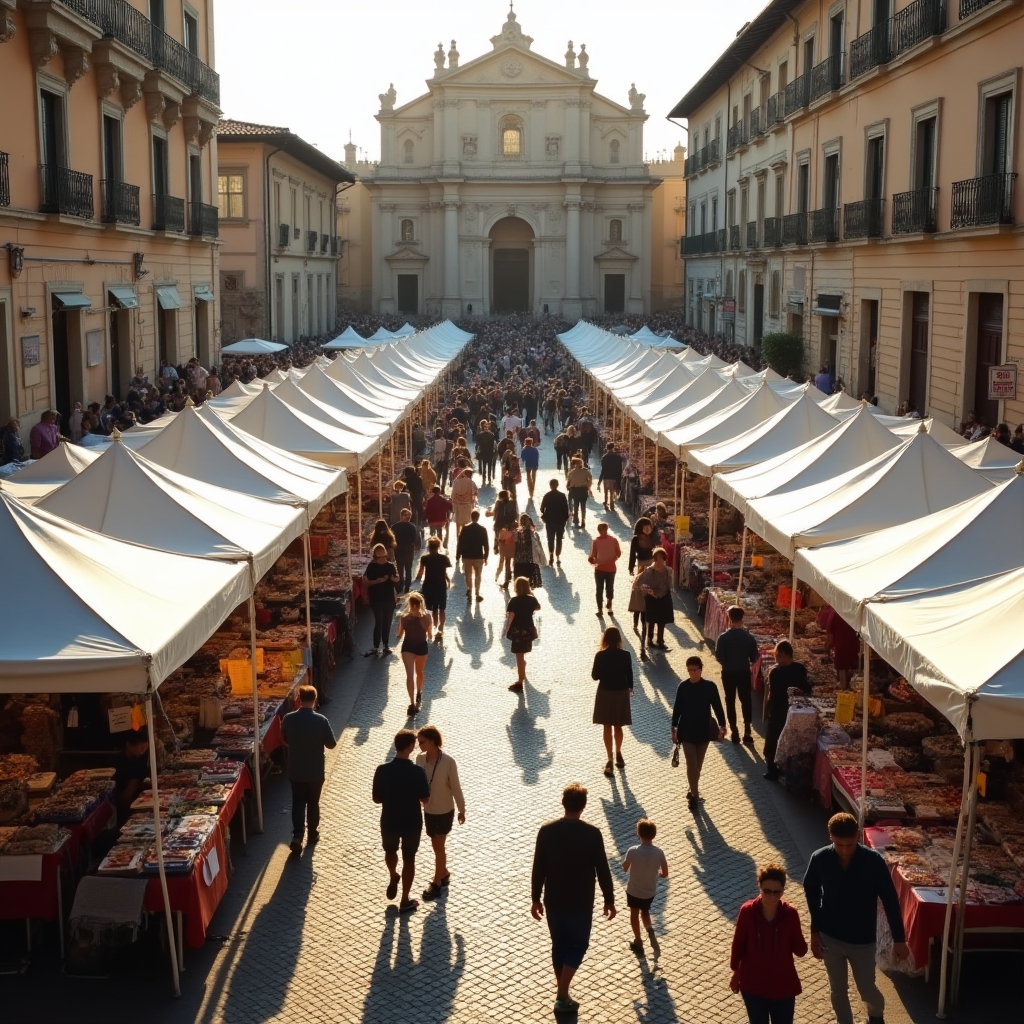 Piazza pubblica di Napoli con gazebo e banchi per mercatino dell'usato