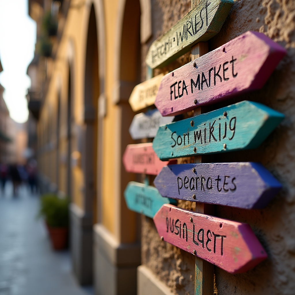 Segnaletica colorata e cartelli direzionali per mercatino dell'usato in strada