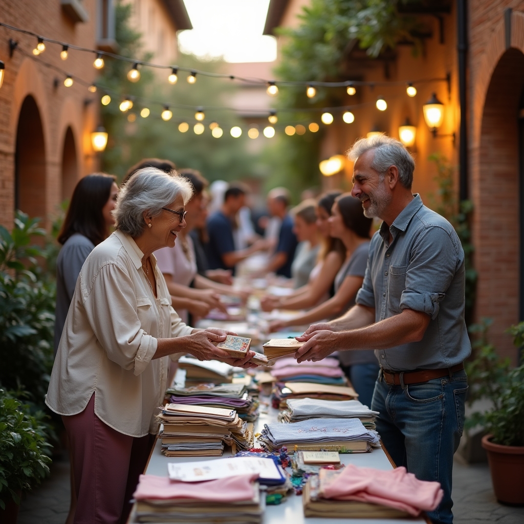 Swap party di quartiere con partecipanti che scambiano oggetti